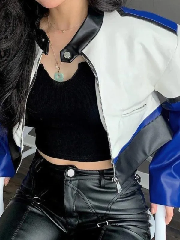 Color Block Pu Leather Cropped Moto Jacket sold by Streetwear Society