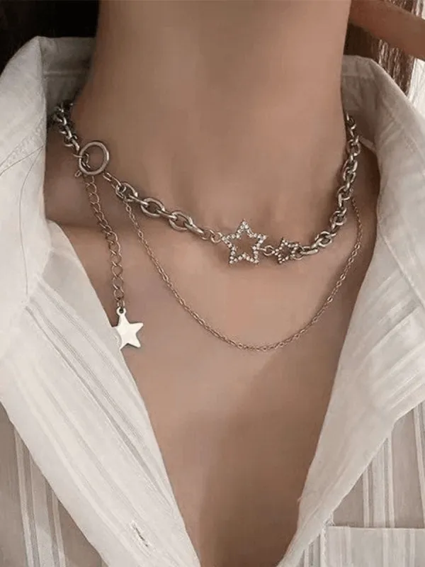 Layered Chain Necklace with Rhinestone Star Decor sold by Streetwear Society