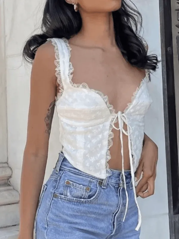 White Tie Front Lace Cropped Tank Top sold by Streetwear Society
