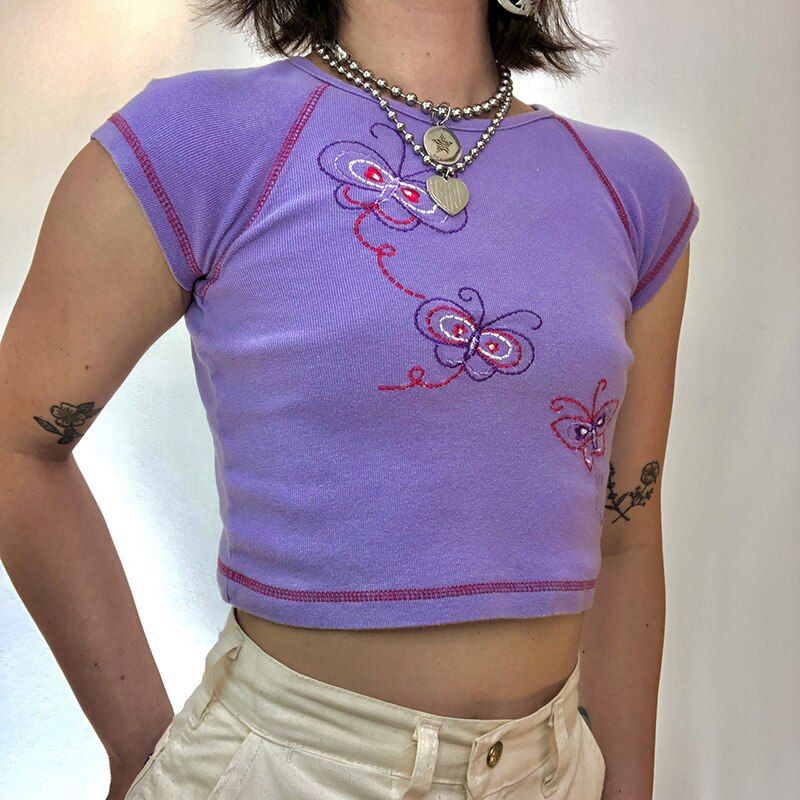 Soft Girl Aesthetic Floral Butterfly Purple Crop Top sold by Streetwear Society product image thumbnail 2