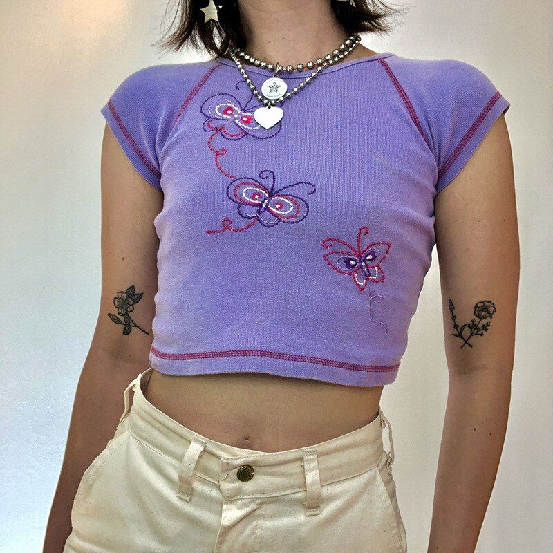 Soft Girl Aesthetic Floral Butterfly Purple Crop Top sold by Streetwear Society