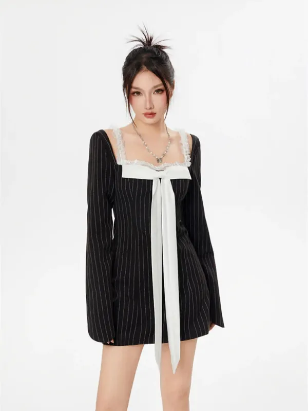 Striped Lace Strap Bow Mini Dress sold by Streetwear Society