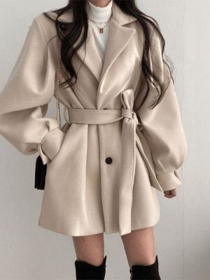 Puff Sleeve Belted Woolen Coat sold by Streetwear Society