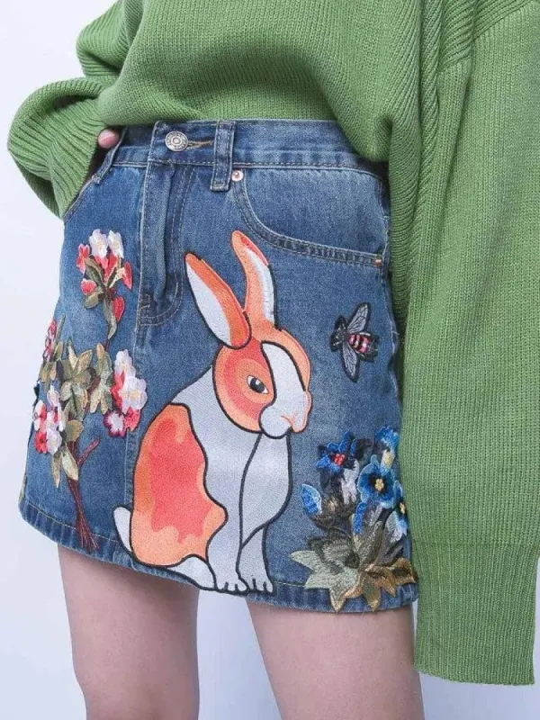 Cute Rabbit Denim Mini Skirt sold by Streetwear Society