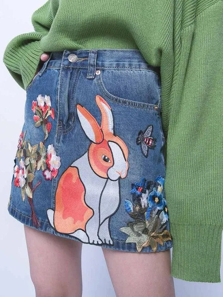 Cute Rabbit Denim Mini Skirt sold by Streetwear Society
