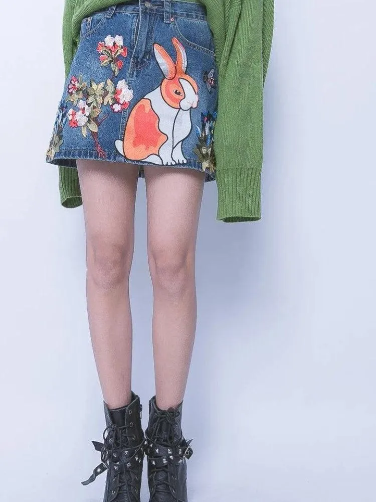 Cute Rabbit Denim Mini Skirt sold by Streetwear Society product image thumbnail 2