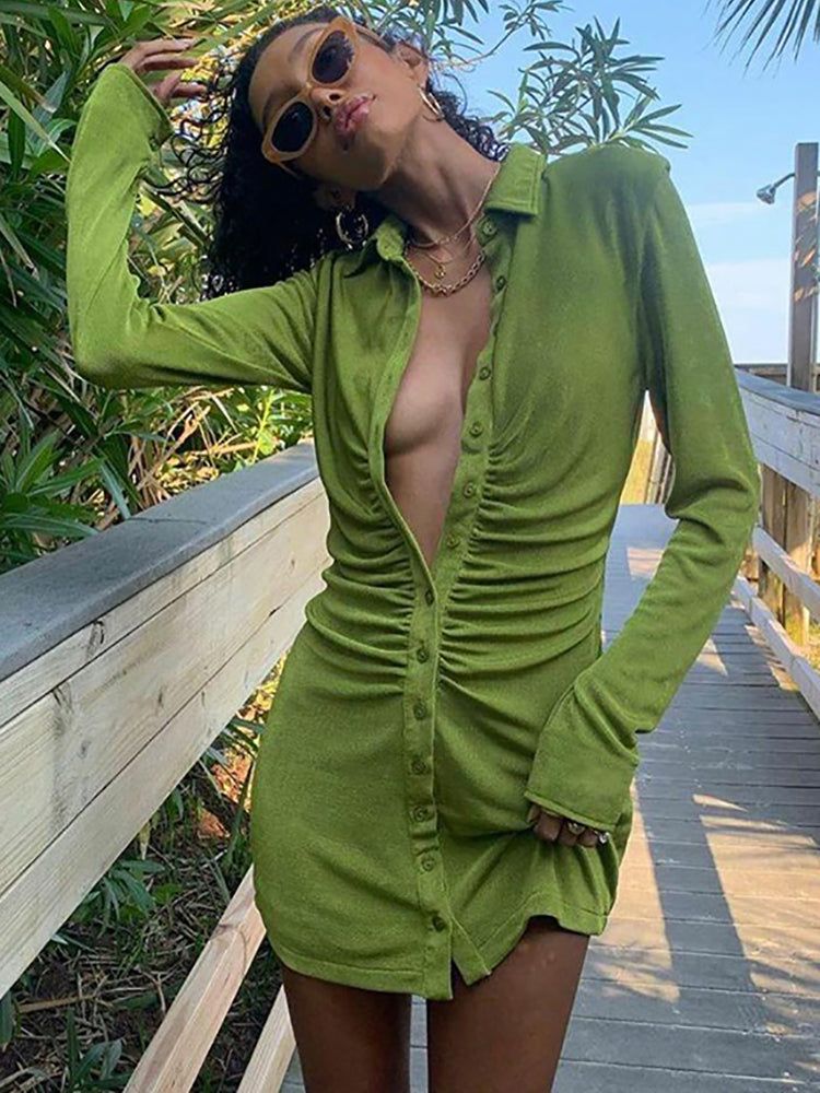 Turn Down Collar Single Long Sleeve Mini Dress sold by Streetwear Society