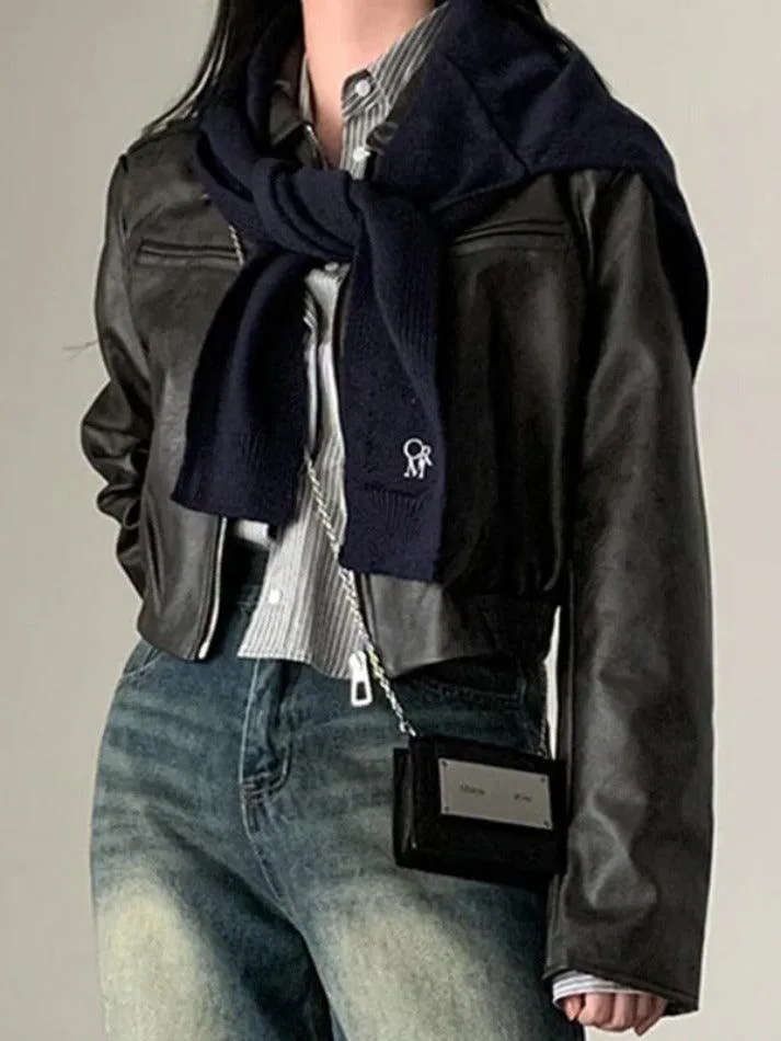 Zip Up Lapel Neck Leather Short Jacket sold by Streetwear Society product image thumbnail 2