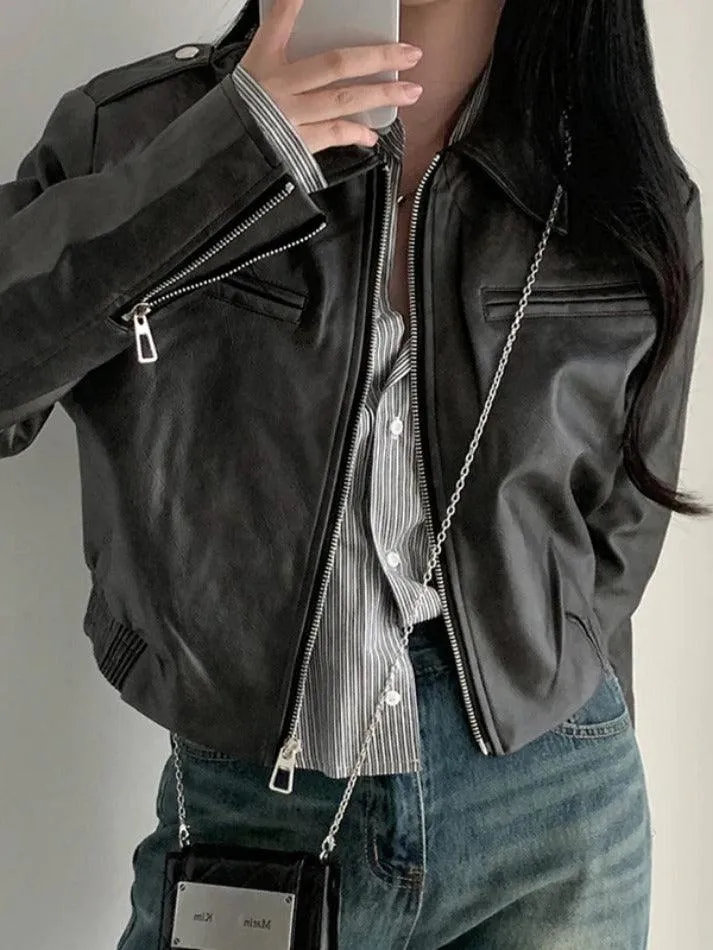 Zip Up Lapel Neck Leather Short Jacket sold by Streetwear Society