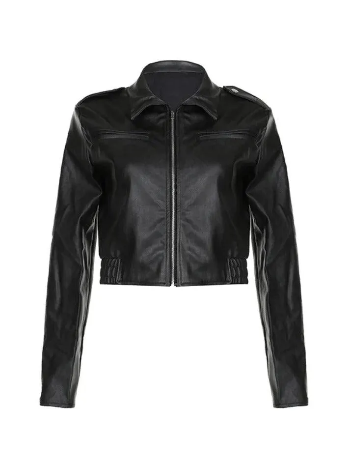 Zip Up Lapel Neck Leather Short Jacket sold by Streetwear Society product image thumbnail 3