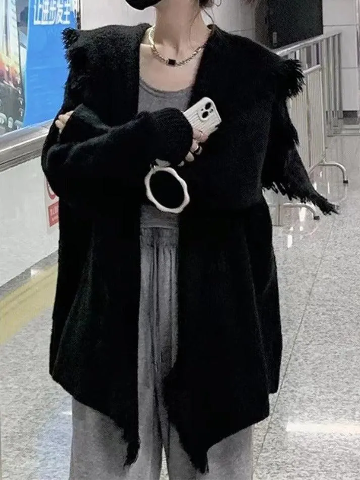 Solid Color Big Lapel neck tassel Trim cardigan sold by Streetwear Society product image thumbnail 3