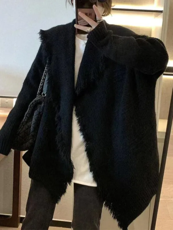 Solid Color Big Lapel neck tassel Trim cardigan sold by Streetwear Society