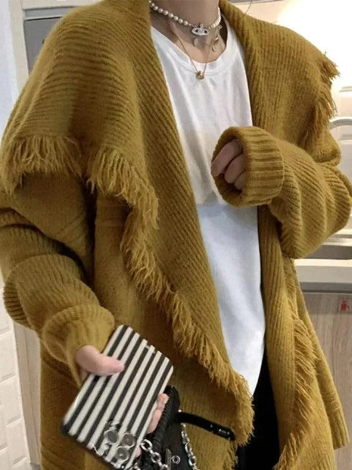 Solid Color Big Lapel neck tassel Trim cardigan sold by Streetwear Society product image thumbnail 5