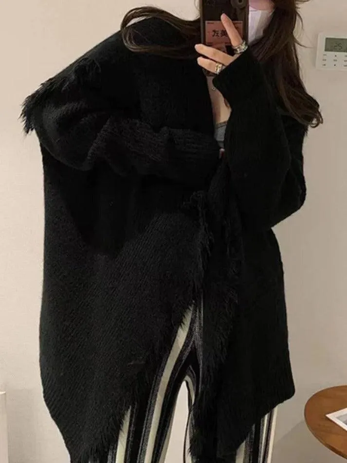 Solid Color Big Lapel neck tassel Trim cardigan sold by Streetwear Society product image thumbnail 2