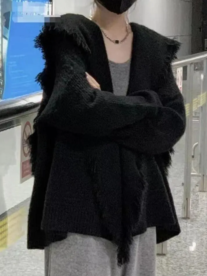 Solid Color Big Lapel neck tassel Trim cardigan sold by Streetwear Society product image thumbnail 4