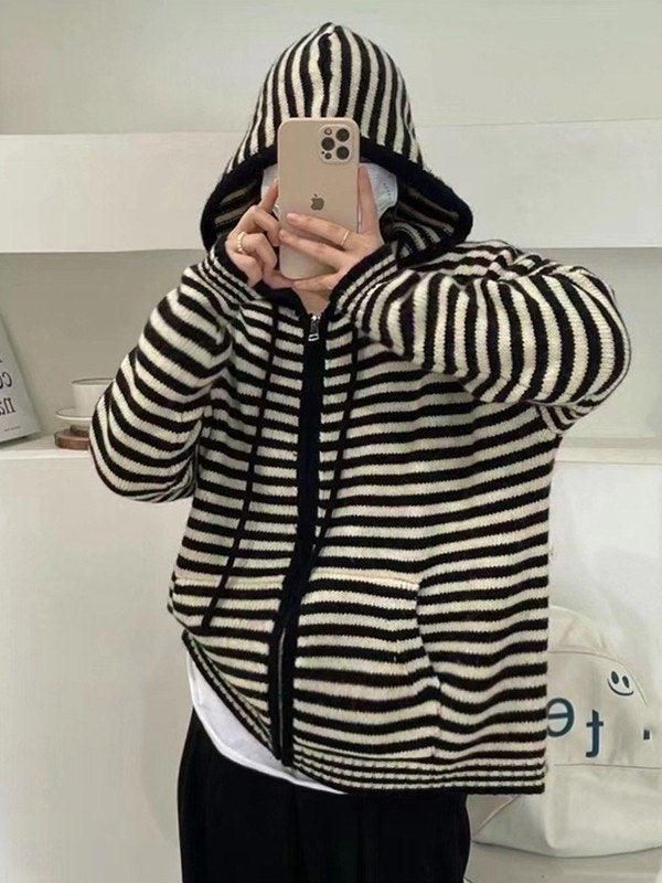 Hooded striped long sleeve knit cardigan sold by Streetwear Society product image thumbnail 4