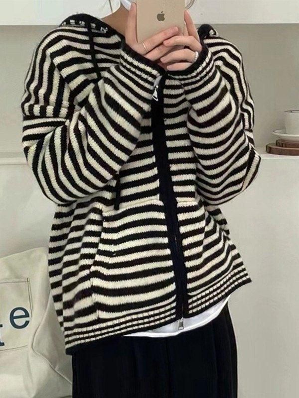 Hooded striped long sleeve knit cardigan sold by Streetwear Society