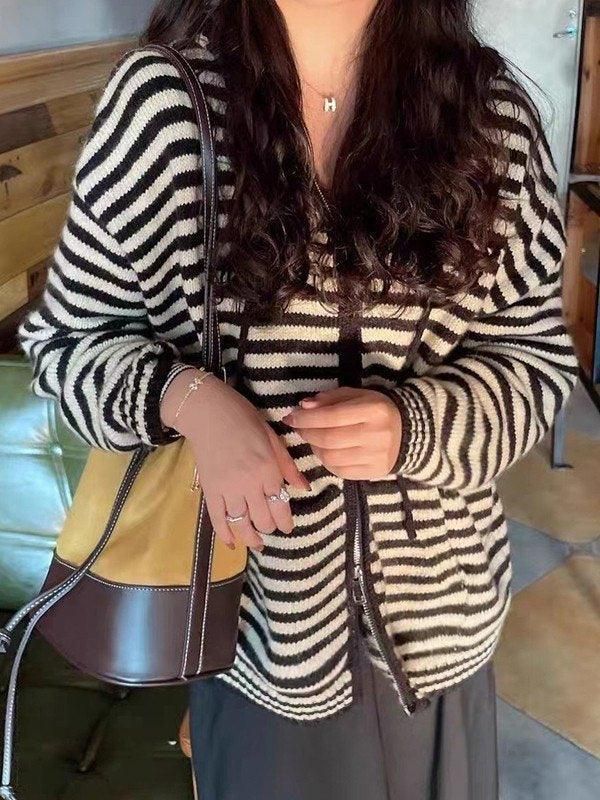 Hooded striped long sleeve knit cardigan sold by Streetwear Society product image thumbnail 2