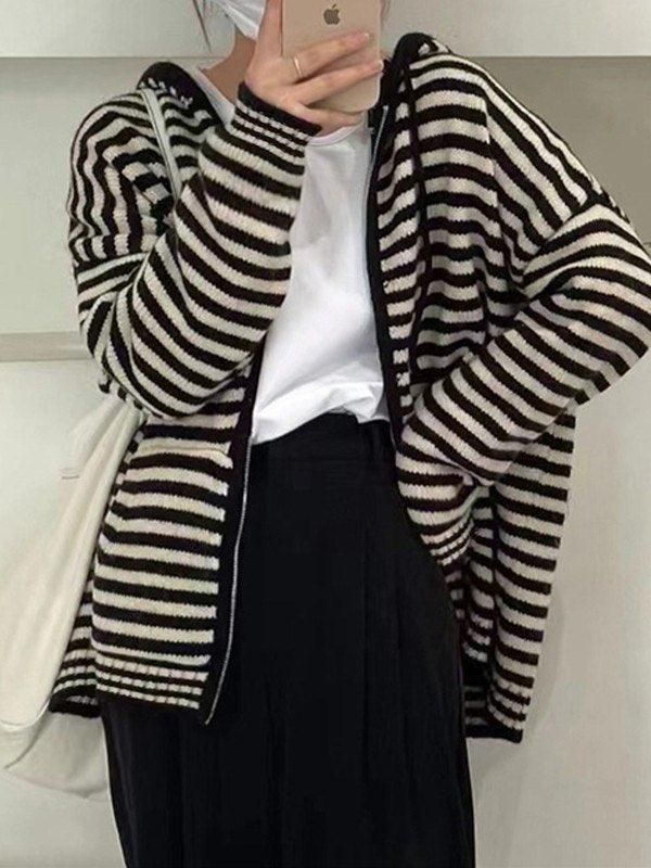 Hooded striped long sleeve knit cardigan sold by Streetwear Society product image thumbnail 3