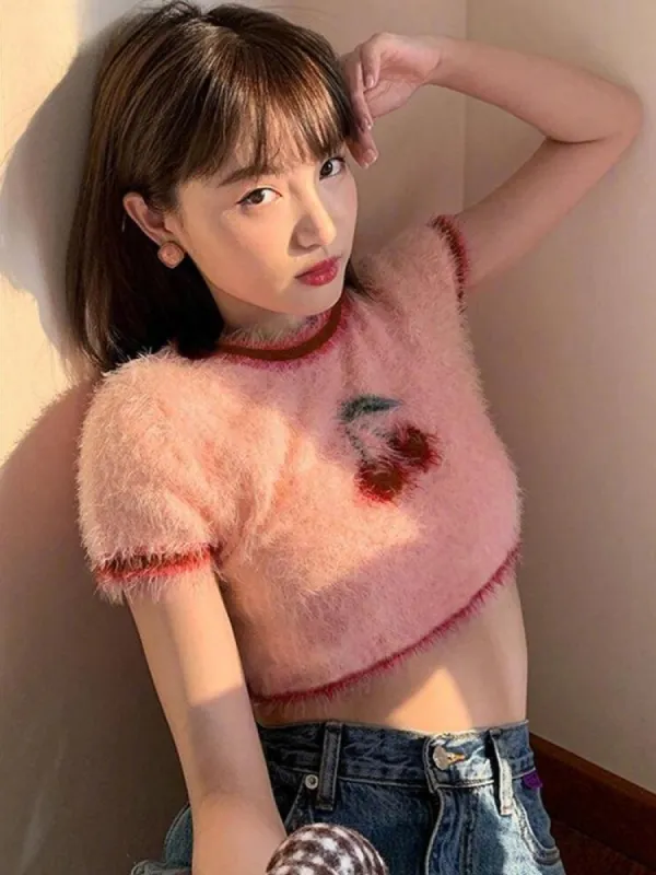 Soft Girl Cherry Fluffy Crop Top sold by Streetwear Society
