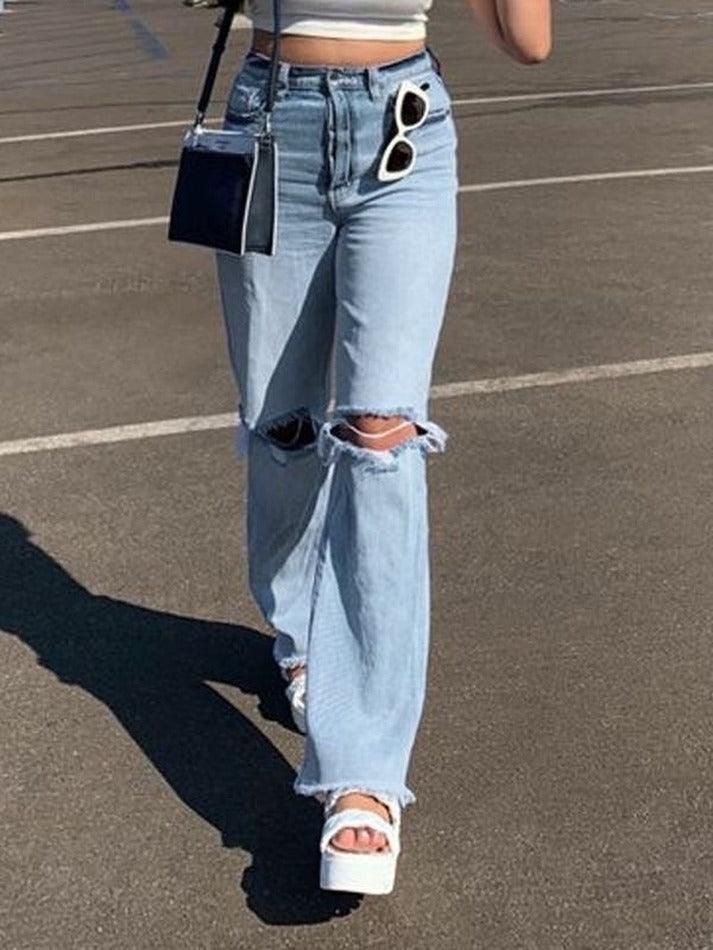 Washed High Rise Knee Ripped Jeans sold by Streetwear Society