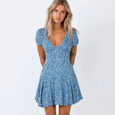 V Neck Short Sleeve Floral Printed Mini Dress sold by Streetwear Society