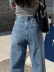 Blue boyfriend jeans with stitching details sold by Streetwear Society
