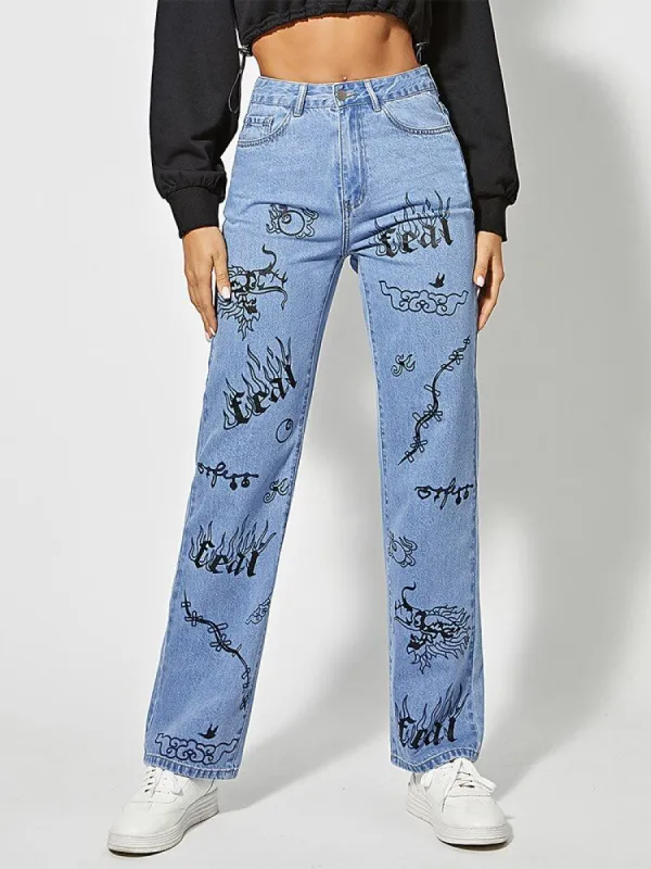 Graphic Print Wide Leg Jeans sold by Streetwear Society