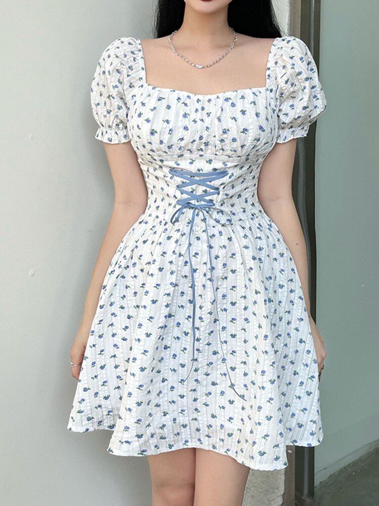 Small Floral Lace Up Mini Dress sold by Streetwear Society product image thumbnail 2