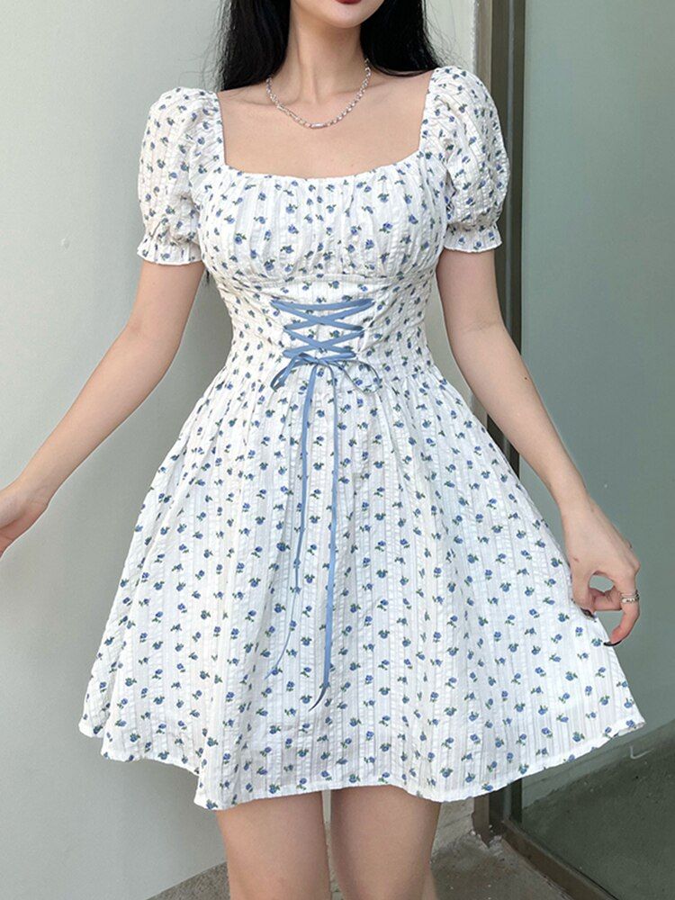 Small Floral Lace Up Mini Dress sold by Streetwear Society product image thumbnail 4