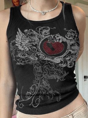 Heart Rhinestone Rib Crop Tank Top sold by Streetwear Society