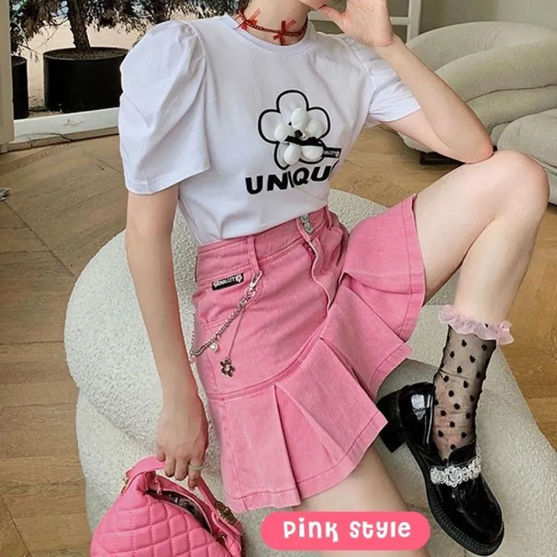 Barbie Pleated Denim Mini Skirt sold by Streetwear Society