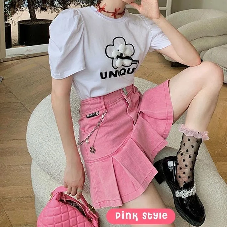 Barbie Pleated Denim Mini Skirt sold by Streetwear Society