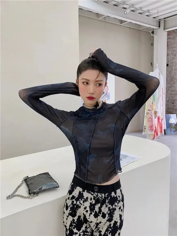 Butterfly Seam Detailed Mesh Top sold by Streetwear Society