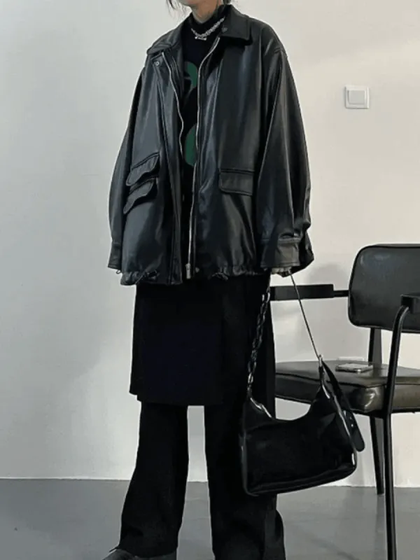Oversized Black Faux Leather Jacket sold by Streetwear Society