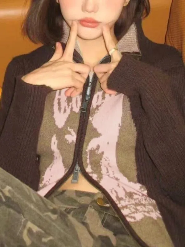 Vintage abstract print contrast color patch cardigan sold by Streetwear Society