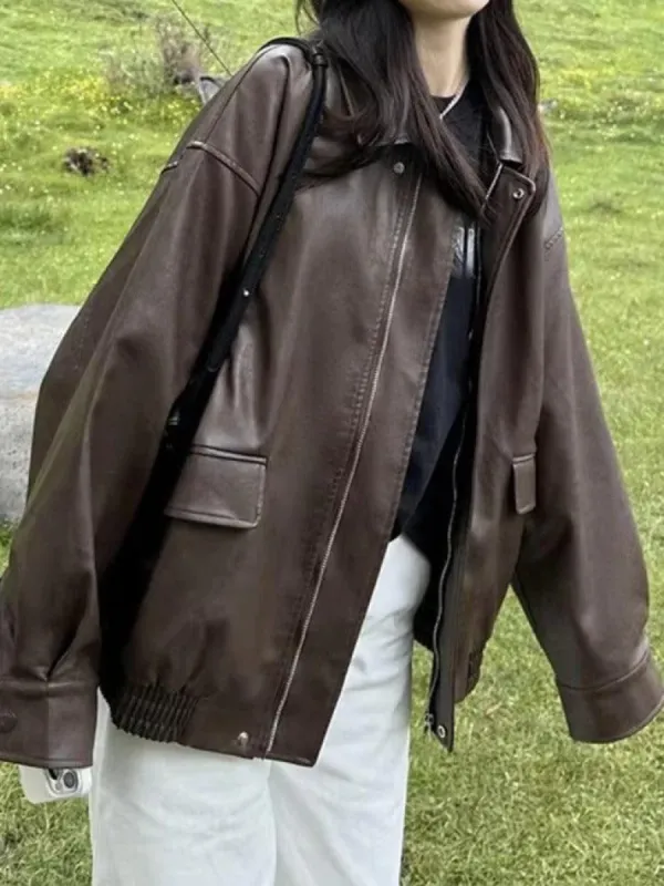 Vintage Brown Lapel Neck Zip Up Leather Jacket sold by Streetwear Society