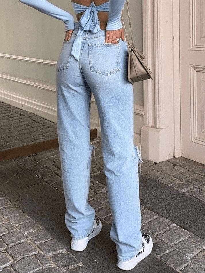 Faded Blue Ripped Knee Straight Leg Jeans sold by Streetwear Society product image thumbnail 2
