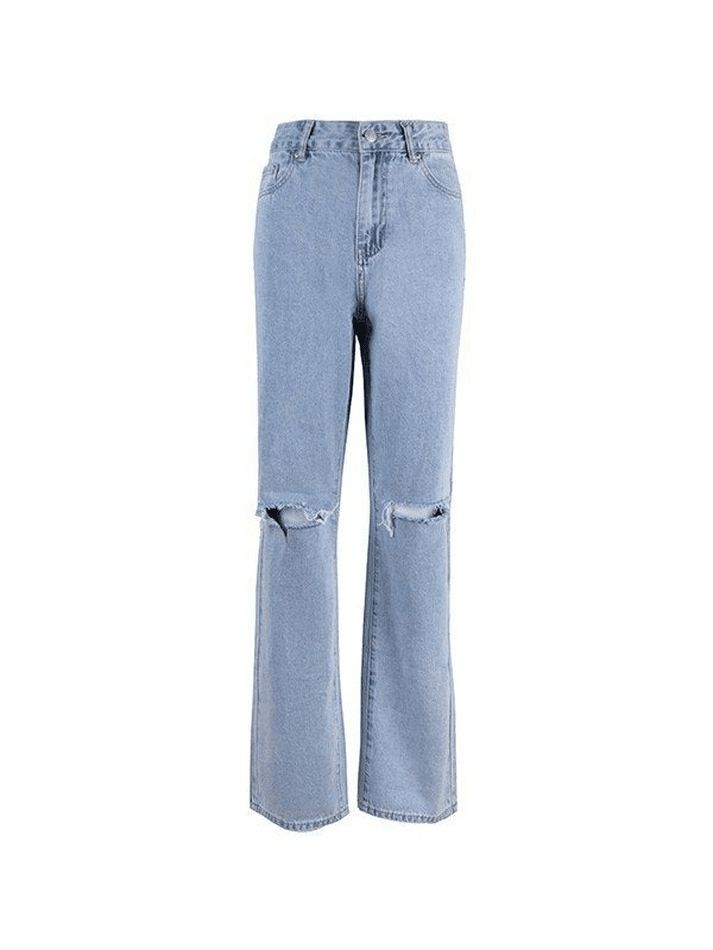 Faded Blue Ripped Knee Straight Leg Jeans sold by Streetwear Society product image thumbnail 4