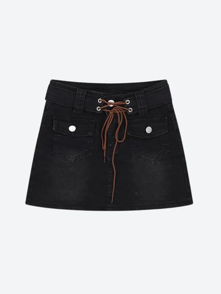 Lace Up Belted Denim Mini Skort sold by Streetwear Society product image thumbnail 4
