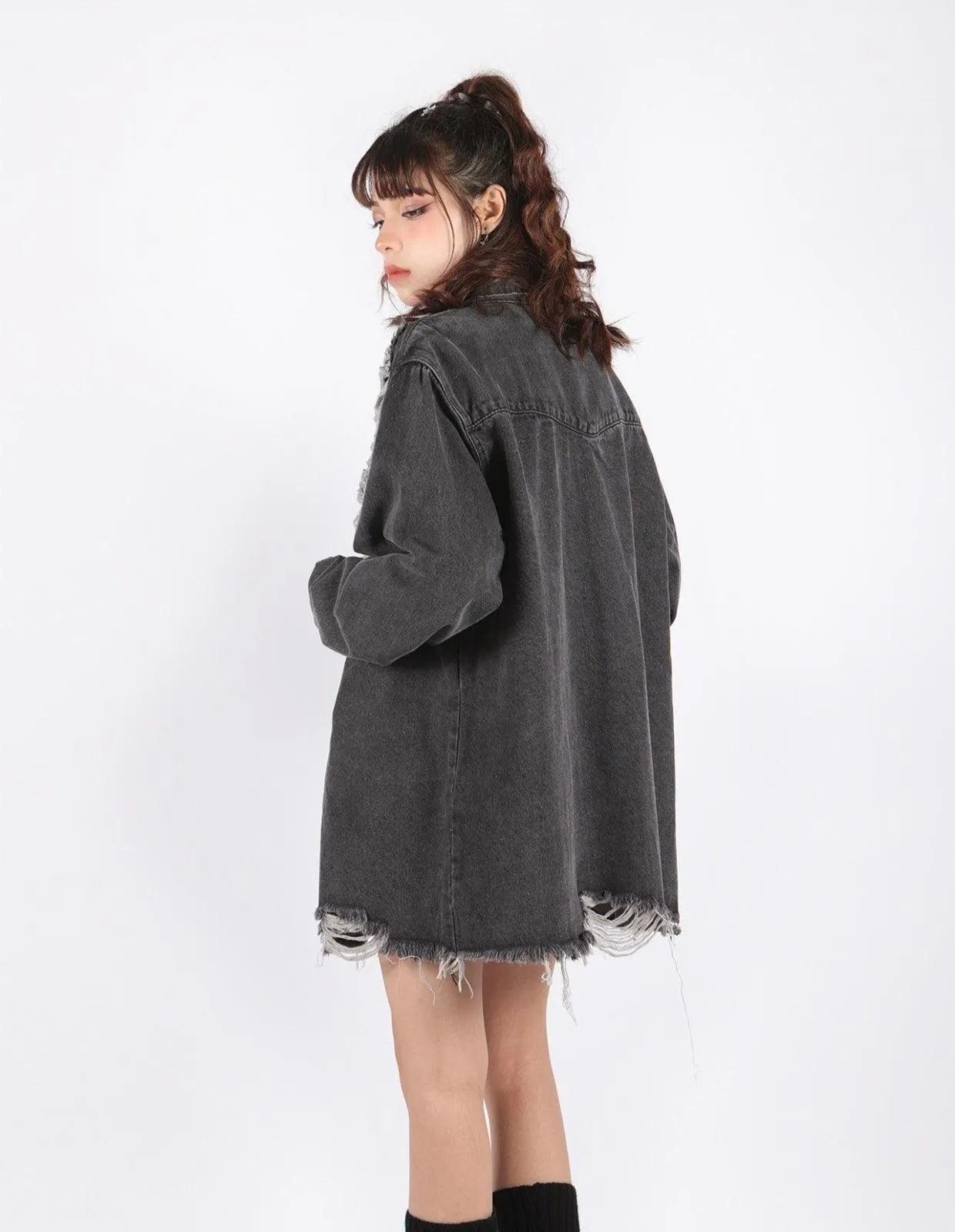 Grunge Distressed Long Denim Jacket sold by Streetwear Society product image thumbnail 4