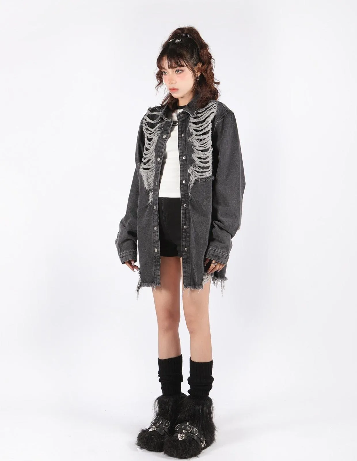 Grunge Distressed Long Denim Jacket sold by Streetwear Society product image thumbnail 3