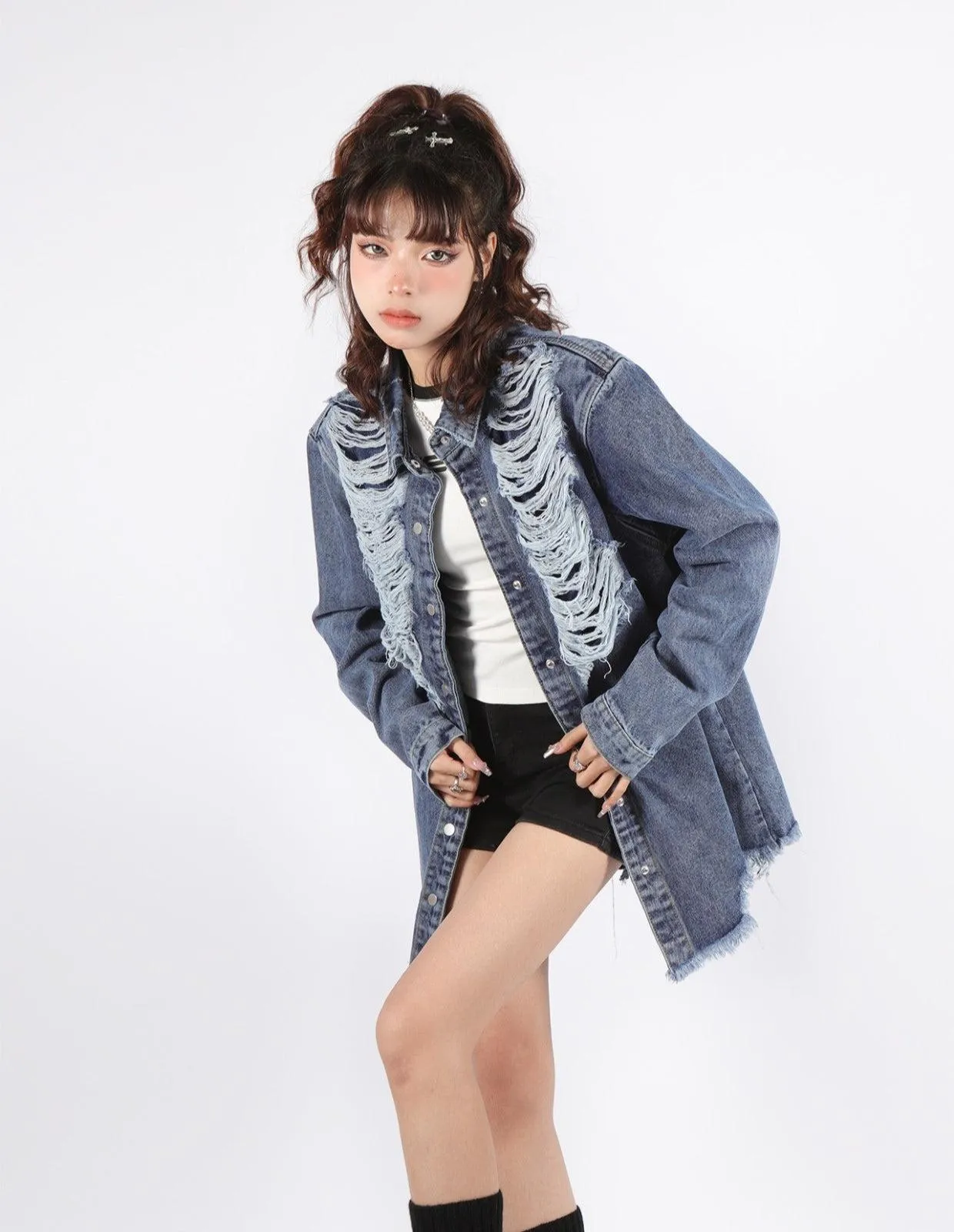 Grunge Distressed Long Denim Jacket sold by Streetwear Society product image thumbnail 5