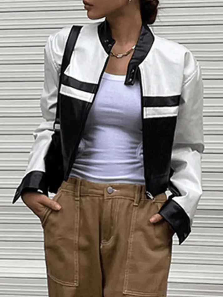 Contrast Pu Leather Cropped Moto Jacket sold by Streetwear Society product image thumbnail 2