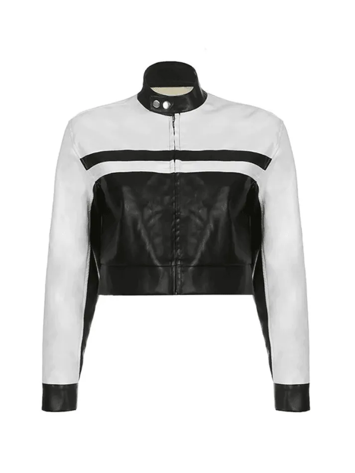 Contrast Pu Leather Cropped Moto Jacket sold by Streetwear Society product image thumbnail 3