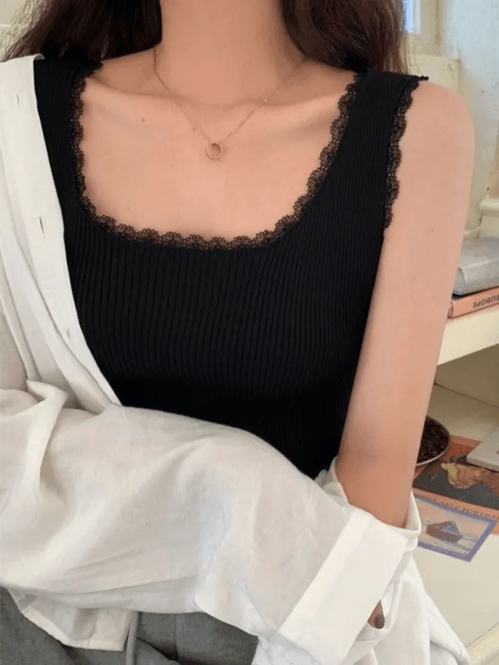 Lace Trim Crop Knit Tank Top sold by Streetwear Society product image thumbnail 2