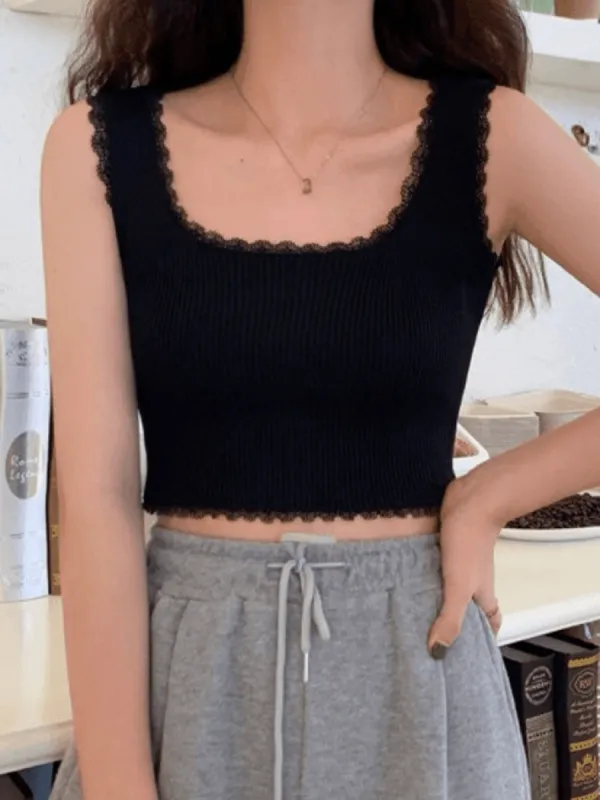 Lace Trim Crop Knit Tank Top made by Streetwear Society