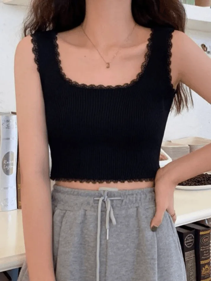 Lace Trim Crop Knit Tank Top sold by Streetwear Society