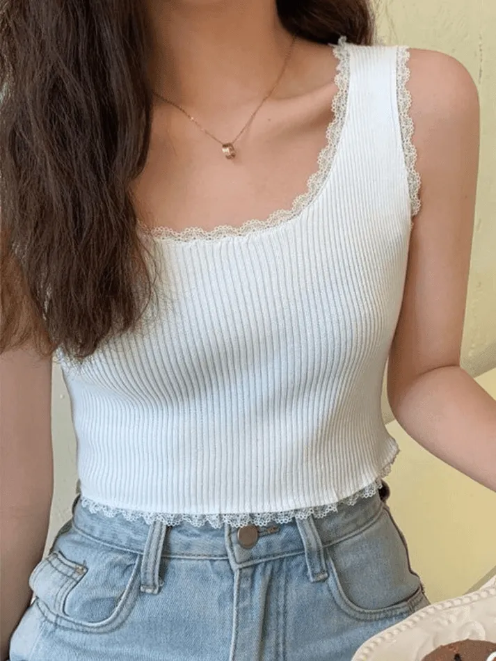 Lace Trim Crop Knit Tank Top sold by Streetwear Society product image thumbnail 5