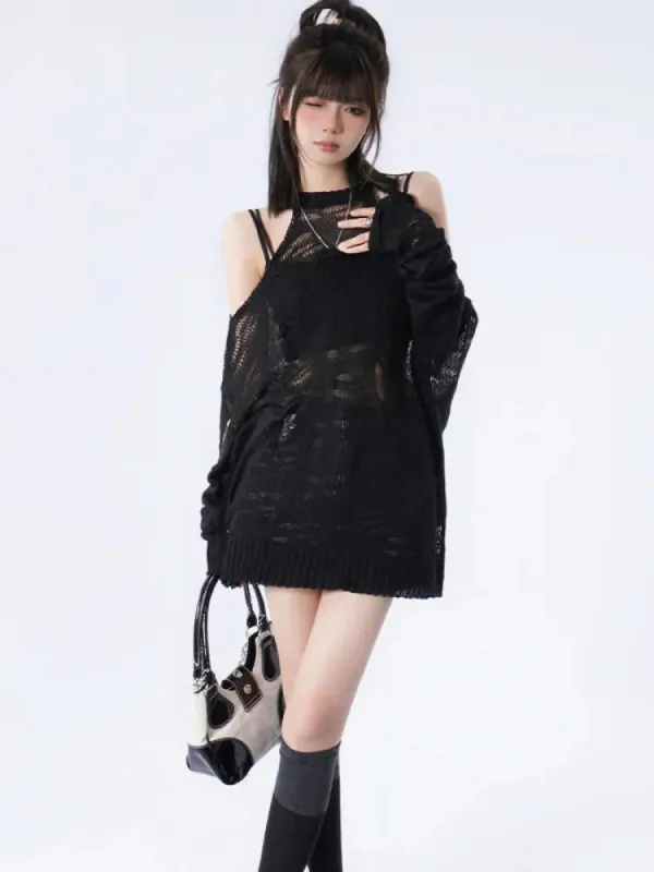 Grunge Distressed Cut-Out Fine Knitted Sweater sold by Streetwear Society